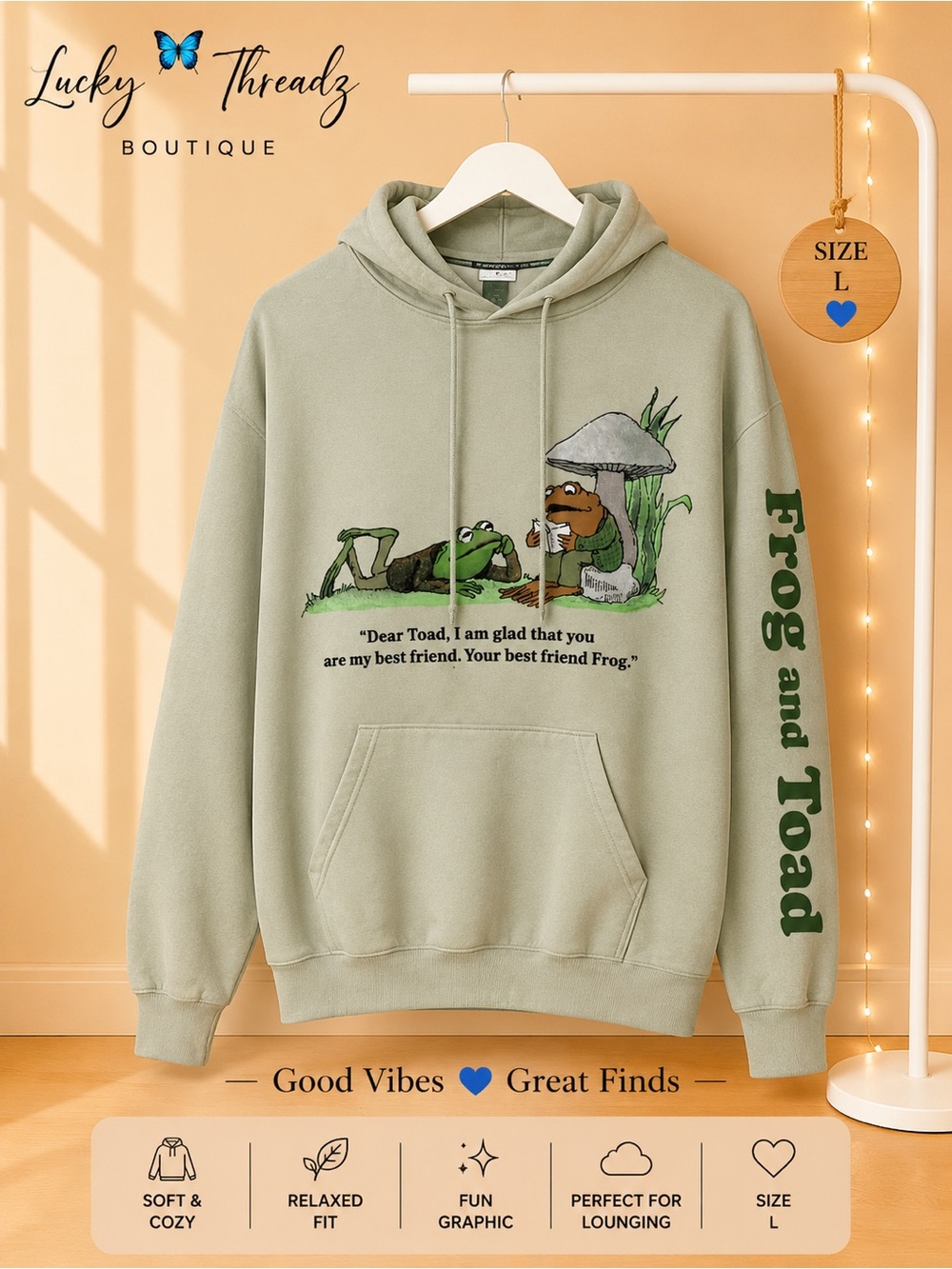 Frog And Toad Sage Green Graphic Hoodie Sweatshirt Large Bookish Cottagecore⁠